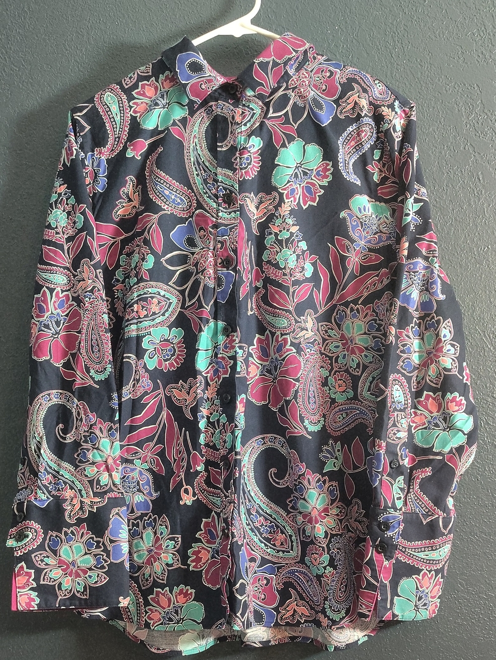 Chico's Navy Button-Down No Iron Shirt with Pink, Teal & Purple Paisley Size 12